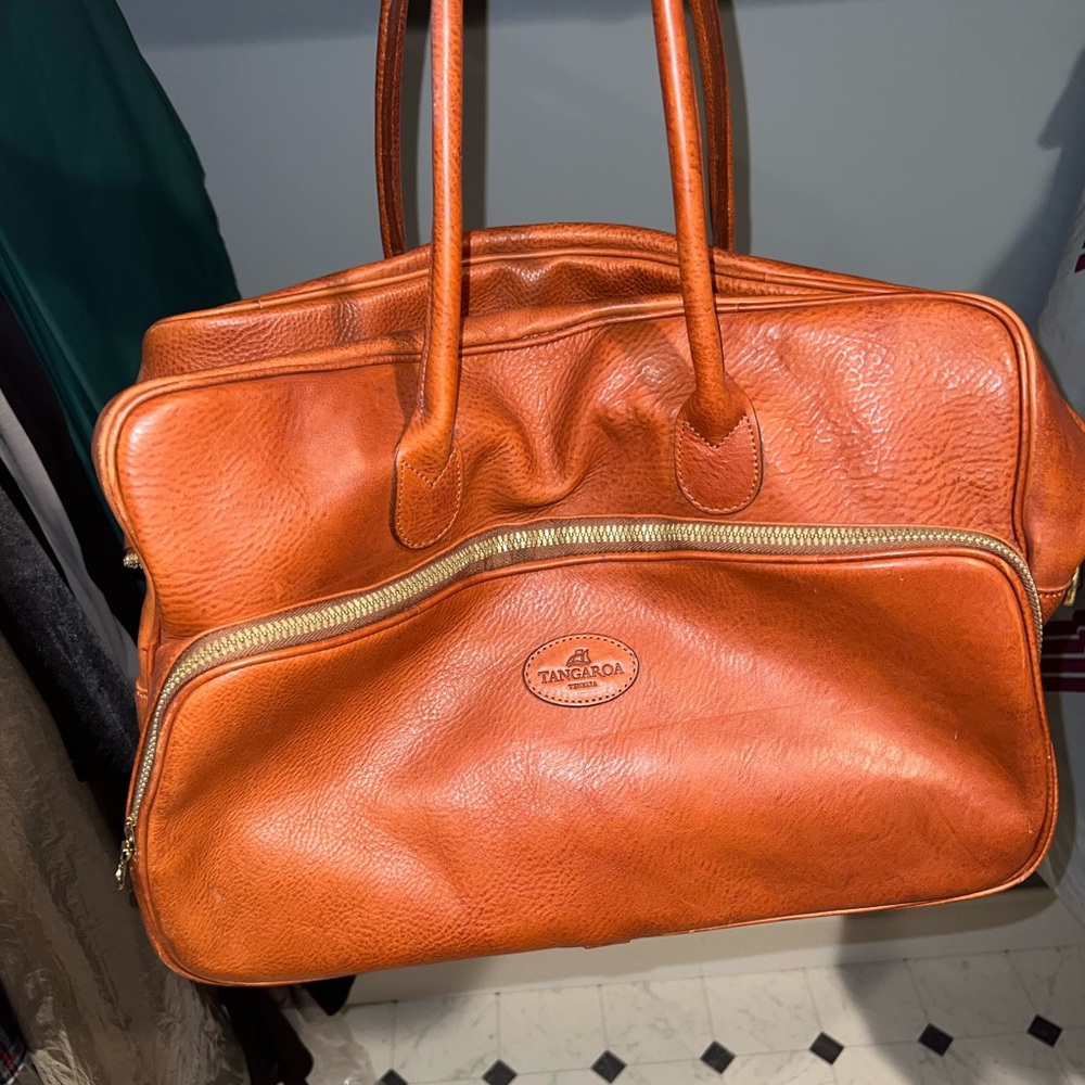 Men's Classic Leather Orange Duffel Rolling Bag